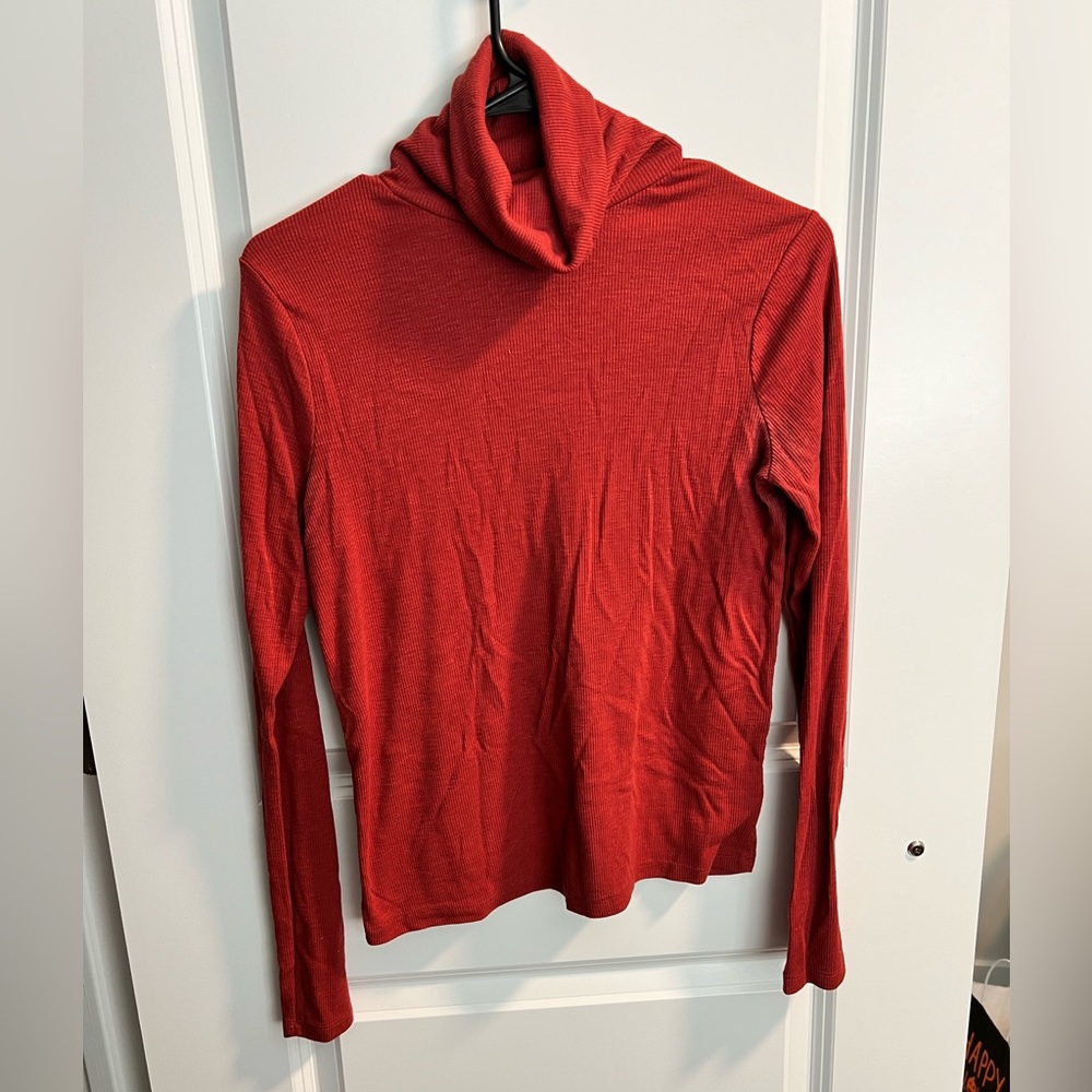 Burnt orange turtleneck.